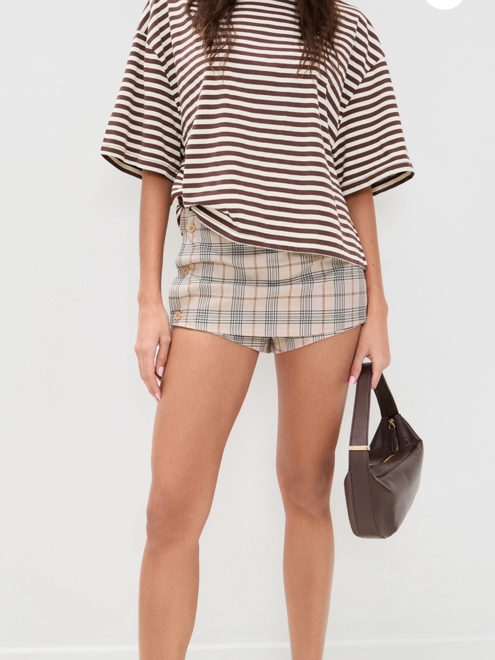 Lioness Beige Plaid Side-Button Shorts